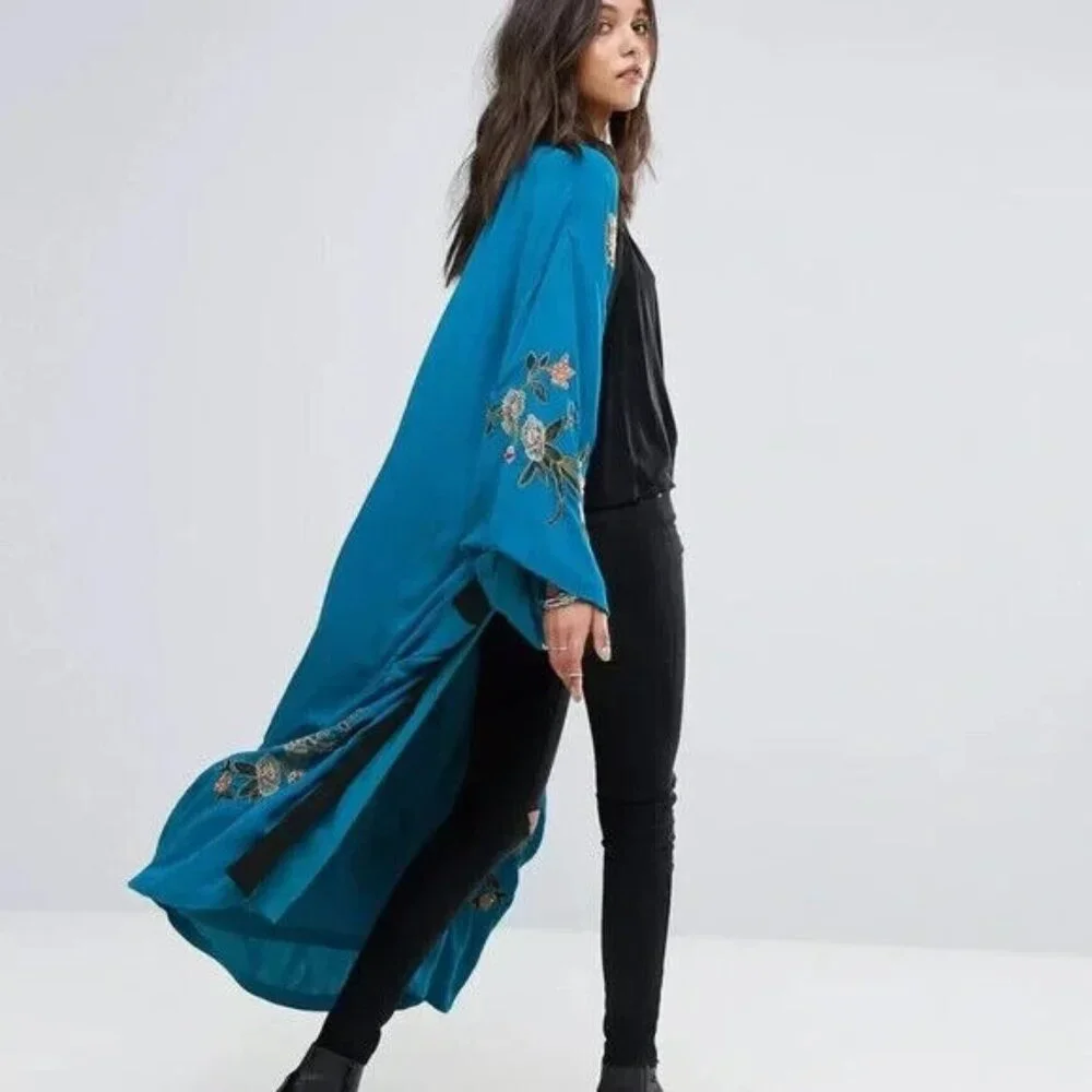 Free People Floral Embroidered Kimono Open Front Long‎ Sleeve Turquoise Small - Picture 2 of 7